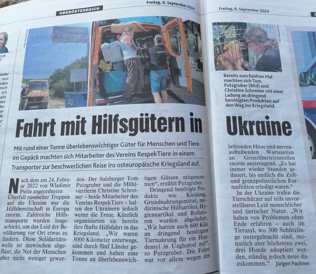 Bericht in der Krone über Ukraine-Hilfsfahrt RespekTiere